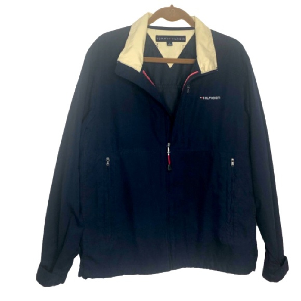 Tommy Hilfiger Men’s Jacket Blue Tan M Zipper Front Pockets Vent Holes Pull Tab